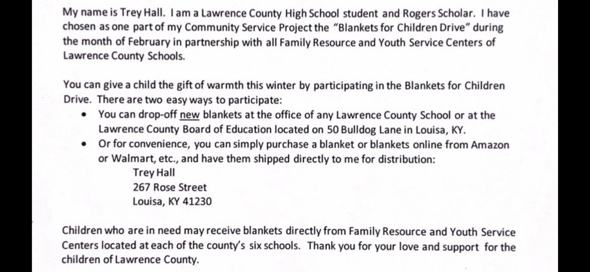 vernonhallLC's tweet photo. Trey Hall is working in conjunction with Lawrence County Family Resource and Youth Service Centers on the “Blankets for Children Drive.” Thank you for giving a child the gift of warmth and for being @All_in_LC  Please click/read below to see how you can help @LCBlanketDrive … https://t.co/8ci2GeNcII