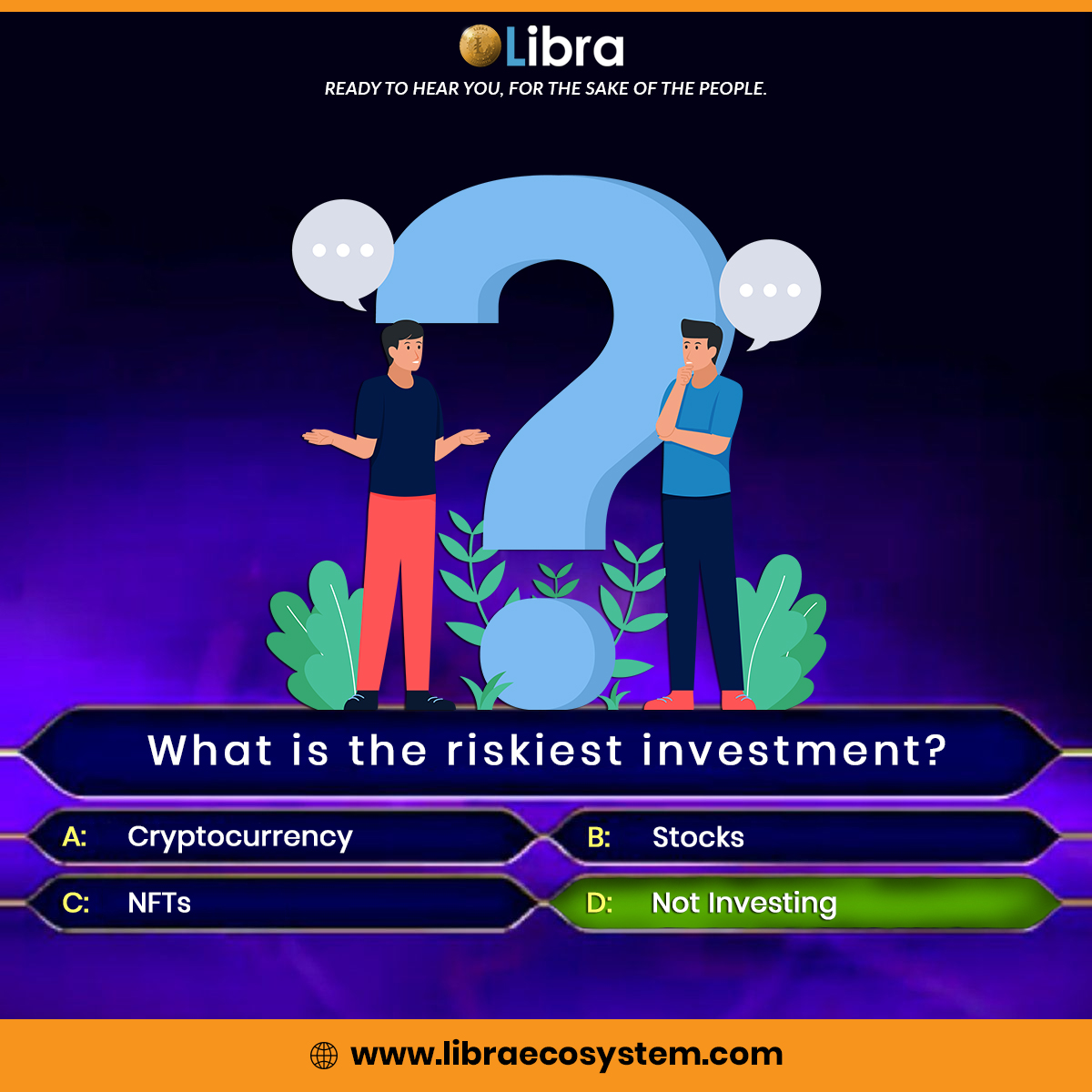 🔥What is the riskiest #investment?

1️⃣ #Cryptocurrency
2️⃣ #Stocks
3️⃣ #NFTs
4️⃣ #NotInvesting✅
.
.
.
.
.
#libracoin #cryptotrading #crypto #cryptoinvesting #investing #libraecosystem #cryptoinvestors #investor #cryptotrader #cryptoinvestment