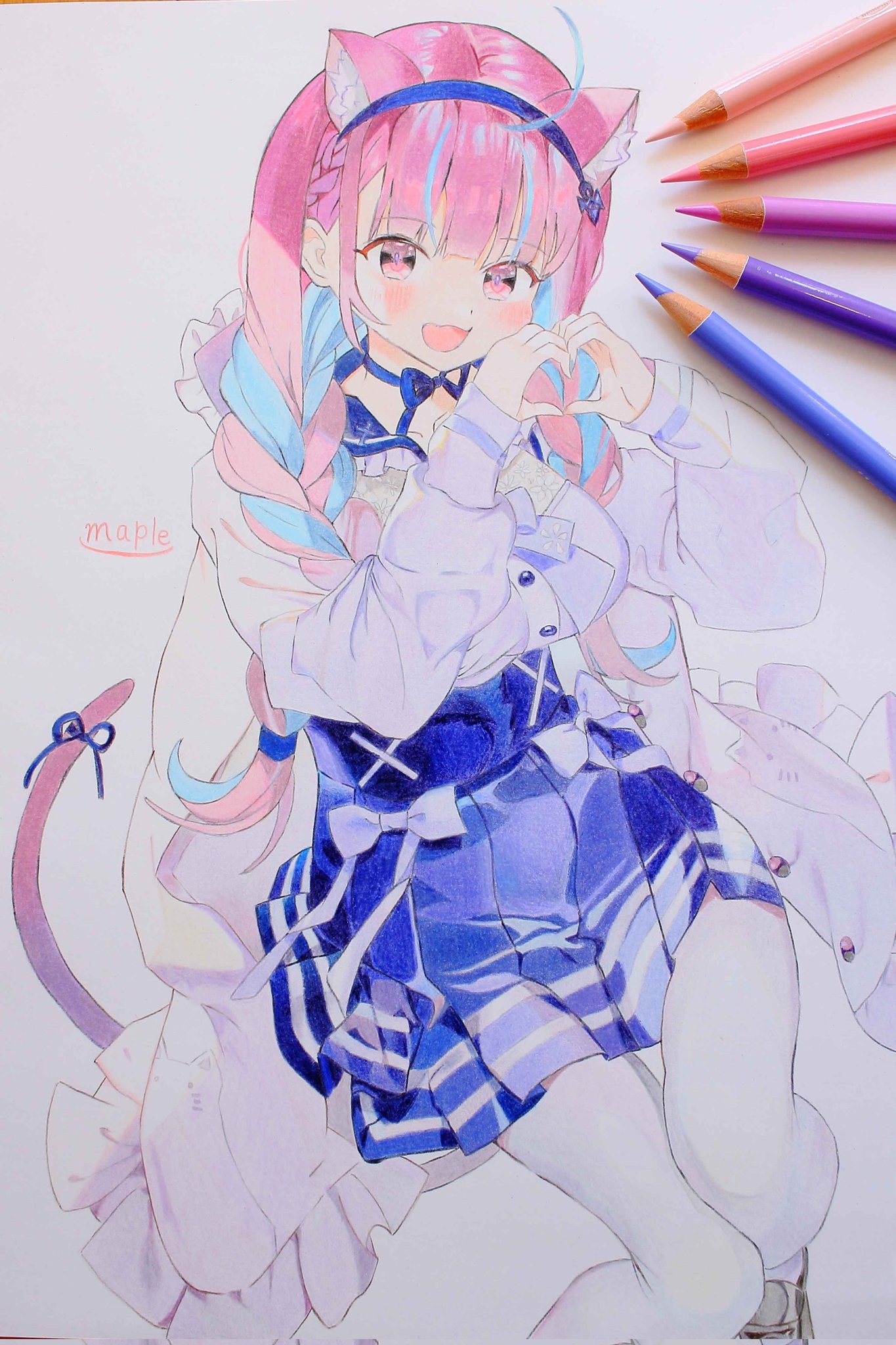 豆色紙 湊あくあ イラスト 手描き 注い