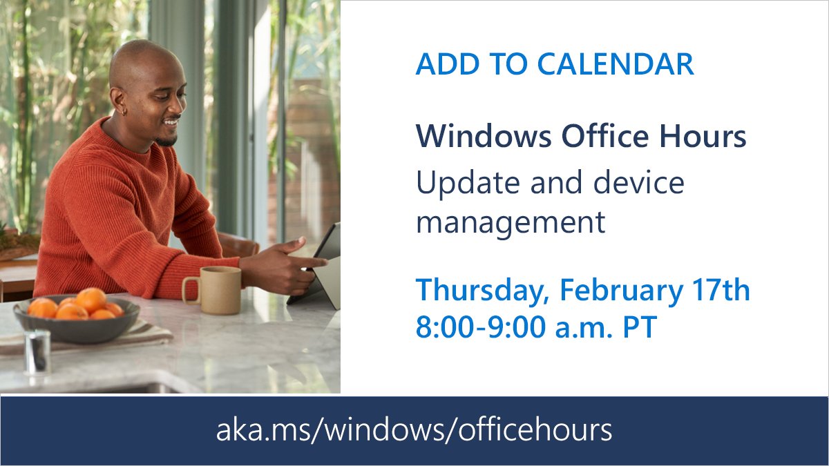 Windows IT Pro (@mswindowsitpro) on Twitter photo Save the date! 🗓️ Windows Office Hours - Thursday, February 17th, 8-9AM PT on <a href="/MSTCommunity/">Tech Community</a>! Engineers from the #Windows and Microsoft Endpoint Manager will be there to answer your questions.
Details here: aka.ms/Windows/Office…
#Windows11 #Windows10 #MSIntune #WUfB Save the date! 🗓️ Windows Office Hours - Thursday, February 17th, 8-9AM PT on <a href="/MSTCommunity/">Tech Community</a>! Engineers from the #Windows and Microsoft Endpoint Manager will be there to answer your questions.
Details here: aka.ms/Windows/Office…
#Windows11 #Windows10 #MSIntune #WUfB