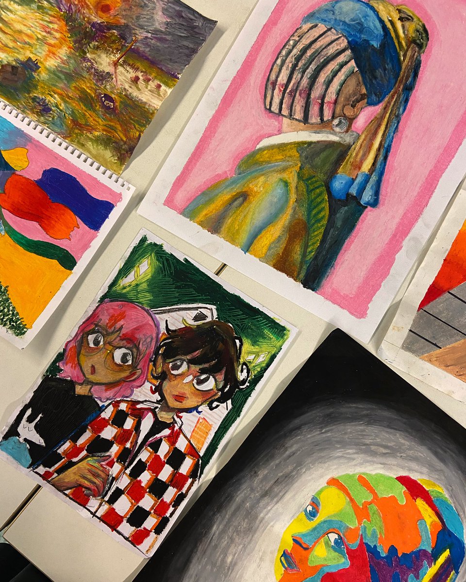After a semester completely online it is a breath of fresh air to view student work in the flesh. G09 #appropriationart mash-ups. #oilpastel #arted #uniquelyunis
