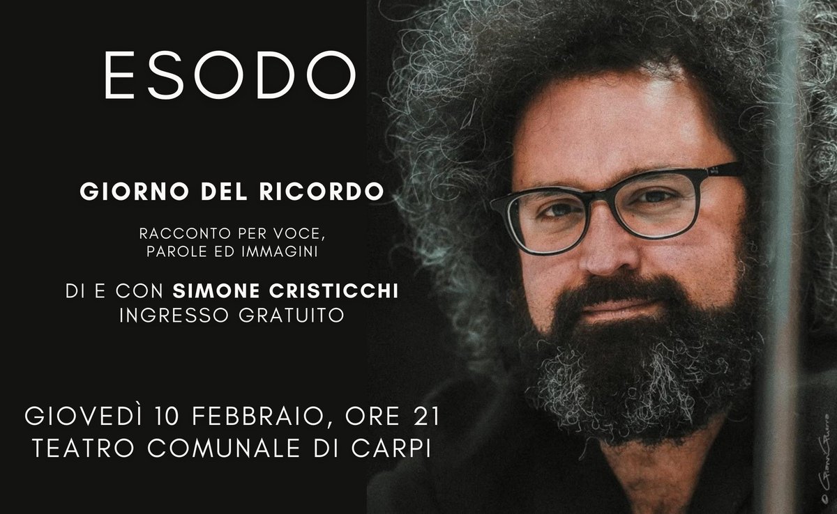 scristicchi's tweet image. 🎫 Ultimi posti disponibili per #Esodo al Teatro Comunale Carpi  

📆 Giovedì 10 febbraio ore 21

Ingresso Gratuito con prenotazione 
Info e prenotazioni qui 👉 utda.it/esodo-giorno-r…

#simonecristicchi #Teatro