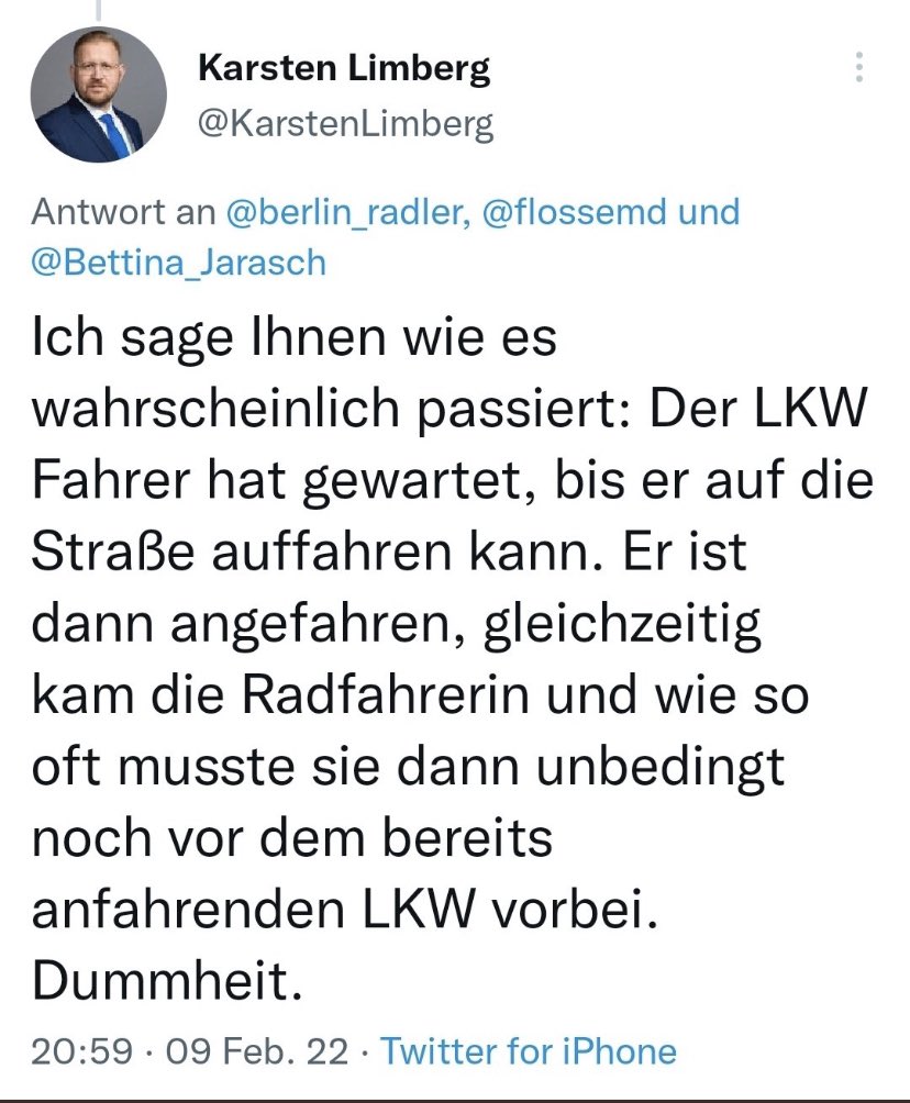 81-jährige Radfahrerin wird in Berlin von einem LKW totgefahren.

CDU Politiker Karsten Limberg dazu: