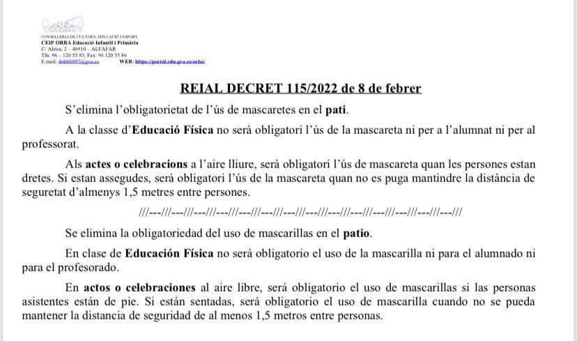 Recomendamos a las familias que el alumnado lleve un cordón cuelga mascarillas, portamascarillas o ropa con bolsillos para guardar las durante el tiempo de patio.#alfafar #ceiporba