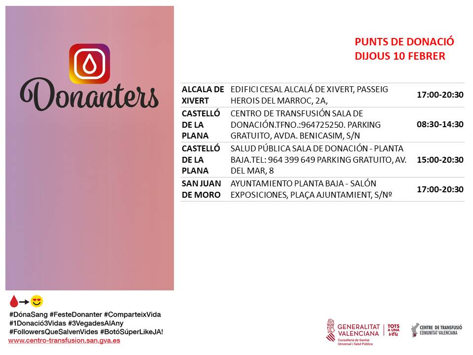 GVAdonasang's tweet photo. 𝗣𝘂𝗻𝘁𝘀 𝗱𝗲 𝗱𝗼𝗻𝗮𝗰𝗶𝗼́ #Castelló
dijous #10Febrer
La sang no es pot fabricar, la teua donació és l'únic recurs perquè els malalts puguen rebre-la.
👉T'esperem si ja han transcorregut 2 mesos des de la teua última donació. https://t.co/Ghnny92jvX