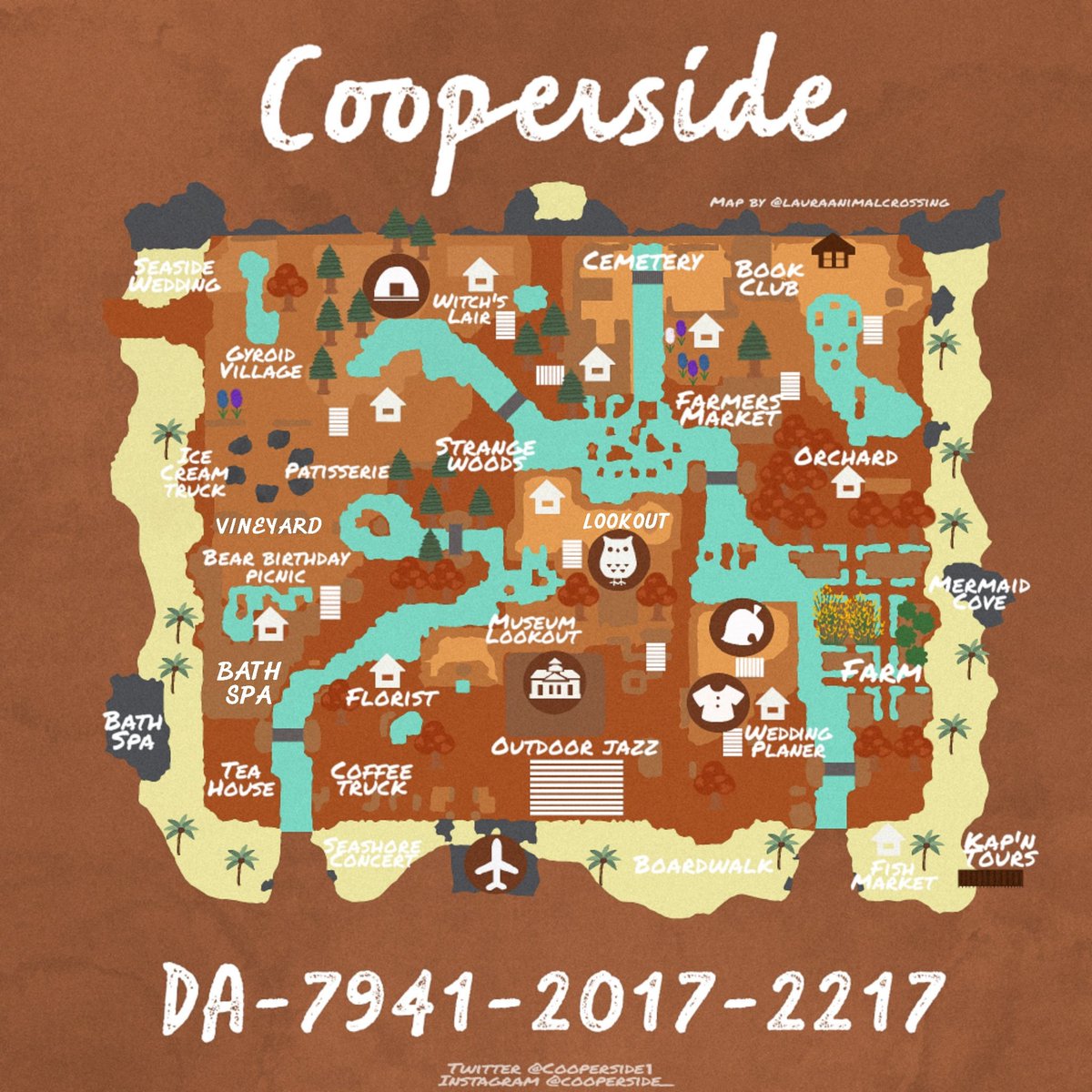 Cooperside1's tweet photo. Welcome to the seaside resort of the new  Cooperside. Enjoy! DA-7941-2017-2217 j🛌💭🏝️

Shout out to @lauraanimalcrossing (IG) for my beautiful new #acnh map. #acnhinspo #ACNHDesign https://t.co/MB6ohmmTPk