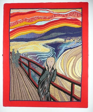 womensart1's tweet photo. 'The Scream' by Edvard Munch, recreated in knitting by Norma Box of craft group The Materialistics, a group of 40 talented women from North East England #WomensArt https://t.co/inad8w6cn6