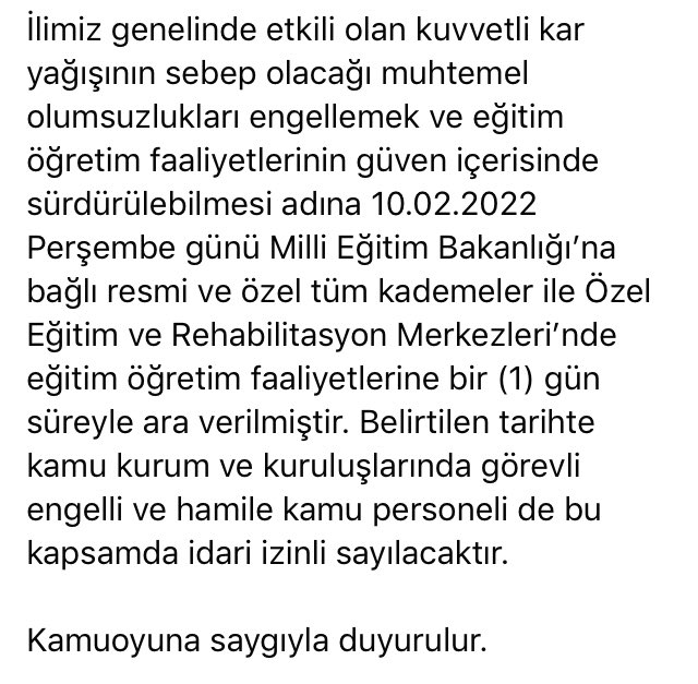 Eğitim Öğretim Faaliyetlerine 1 Gün Süreyle Ara Verilmesine İlişkin Kamuoyu Duyurusu !