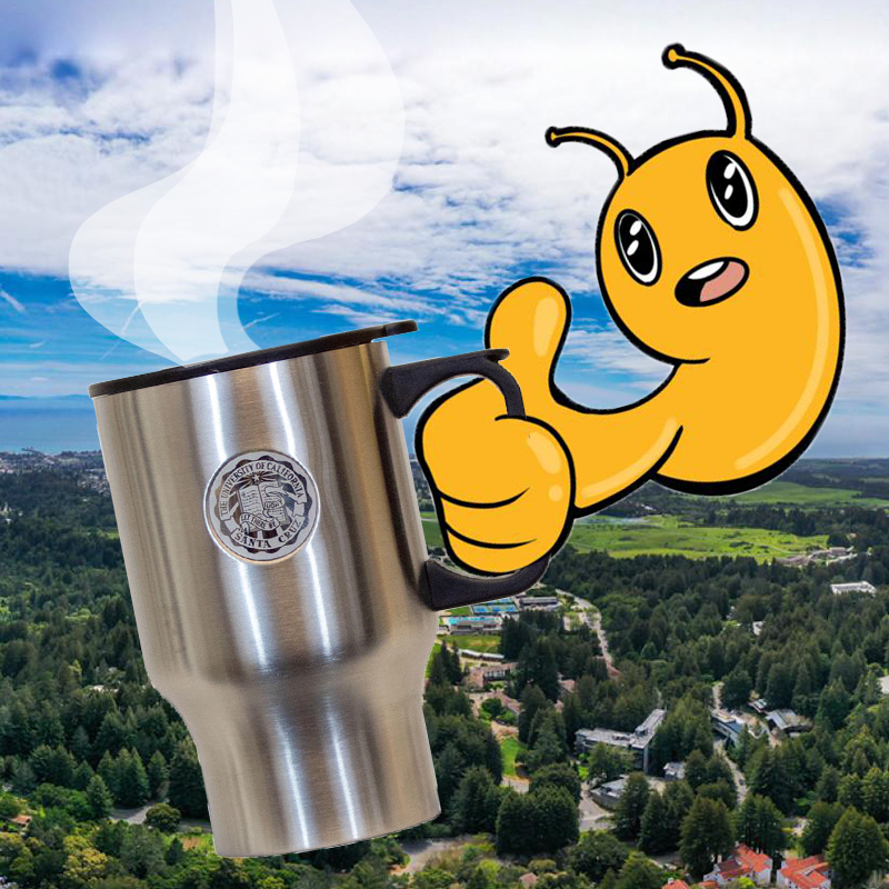 UCSCBayTree's tweet image. Getting some fresh coffee up in here with UCSC's own travel mug. Sammy is a  #CoffeeLover