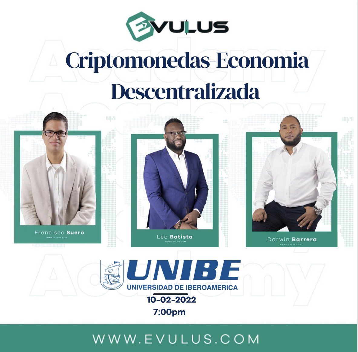 Evulusoficial's tweet photo. Evulus estará Mañana jueves 10 de Febrero a partir de las 7:00 PM, Universidad UNIBE, en el Foro debate *“Criptomonedas-Economía descentralizada”*, el
impacto de los mercados virtuales sobre los mercados financieros
centralizados” #evulus #unibe #educación https://t.co/vq9GlqpTKS