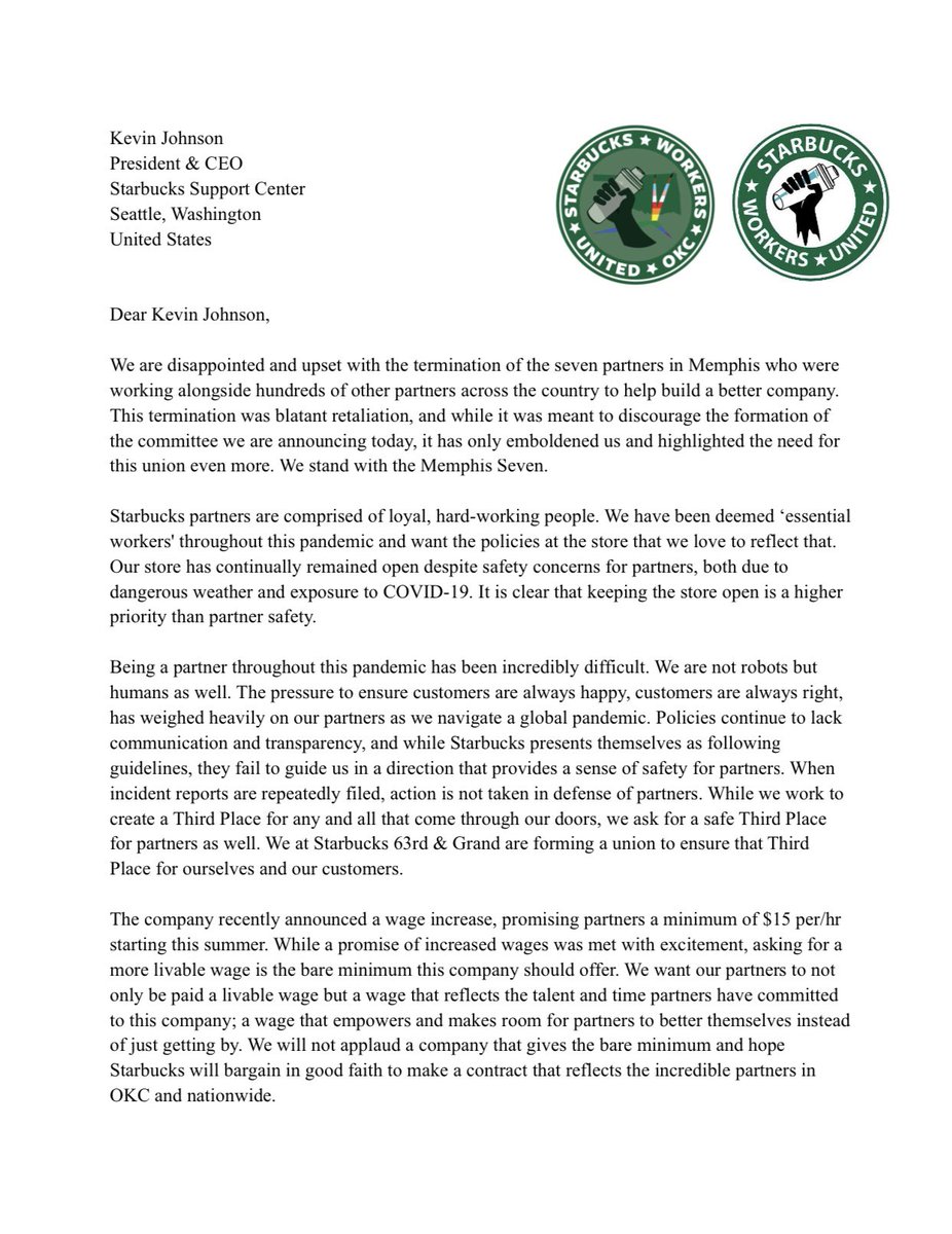 SBWorkersUnited's tweet photo. “We are disappointed by the termination of the 7 partners fired in Memphis. This termination was blatant retaliation and while it was meant to discourage us from unionizing more, it has only emboldened us and highlighted the need for this union even more.” 63rd &amp; Grand Committee https://t.co/GtlE8be4CZ