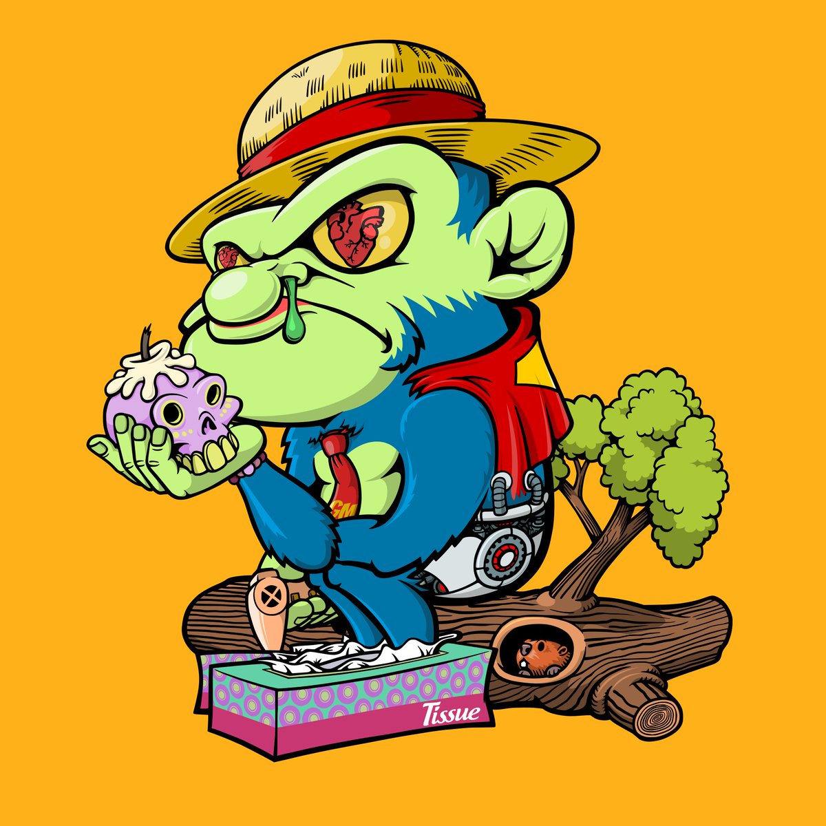 Greetings from a #GreenMunky with heart eyes &amp; a purple skull! Don't bother about that runny nose he was about to use that tissuepaper 🐒

#GrumpyMunky #NFTs #HeartEyes #LogChair #PurpleSkull