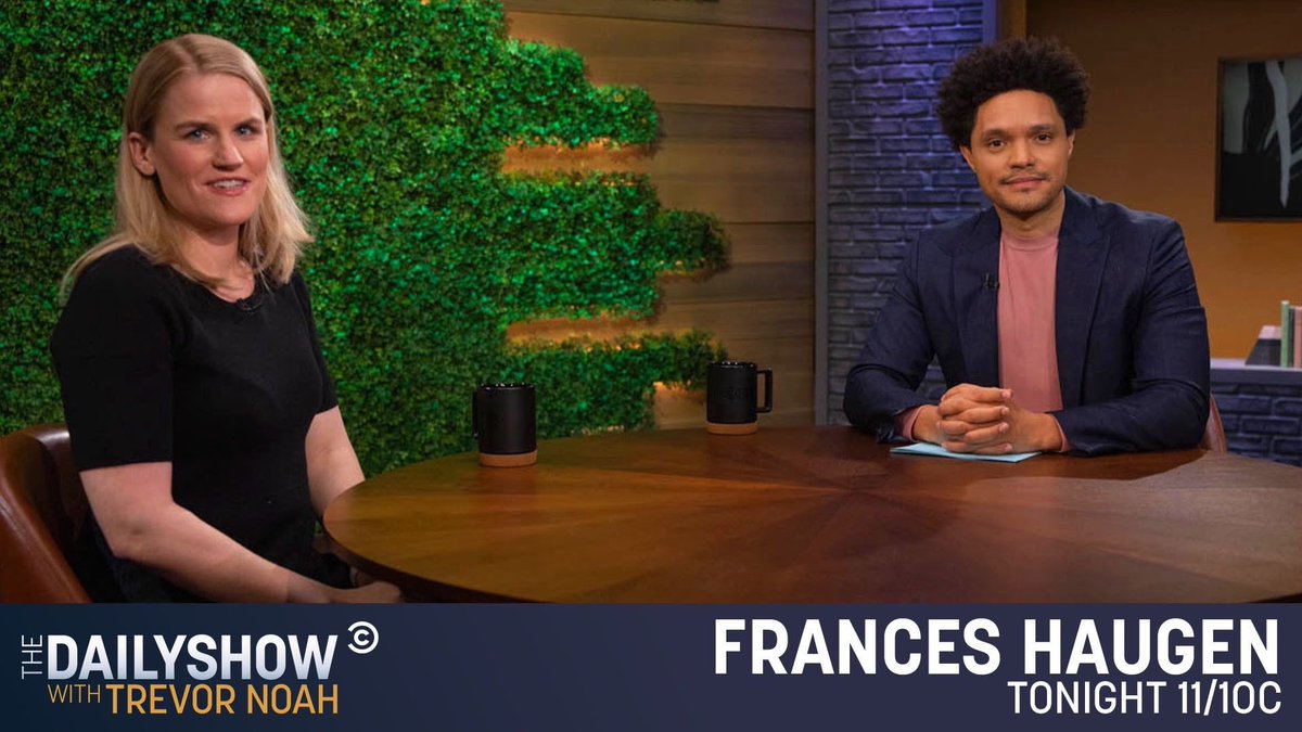 FrancesHaugen's tweet photo. Thank you @Trevornoah for the chance to drop in and discuss @Meta / Facebook’s impact on the mental health of children (airing tonight at 10 CT on @TheDailyShow, @ComedyCentral) https://t.co/IiFhQN9Prg