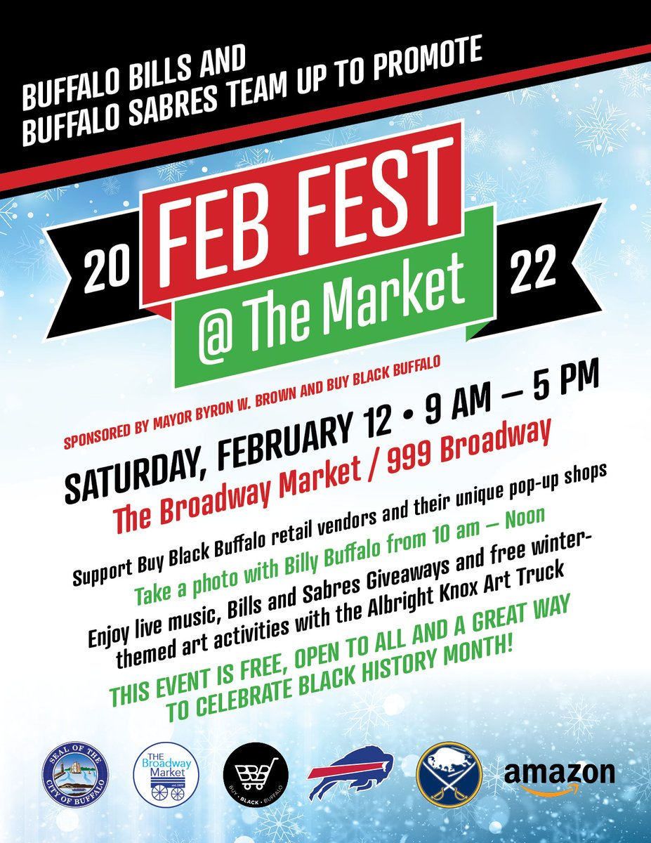 broadwaymkt's tweet image. Support Buy Black Buffalo retail vendors and their unique pop-up shops! Take a photo with Billy Buffalo from 10 am – Noon Enjoy live music, Bills and Sabres Giveaways and free winter themed art activities with the Albright Knox Art Truck! #FebFest #Buffalo #PublicMarket