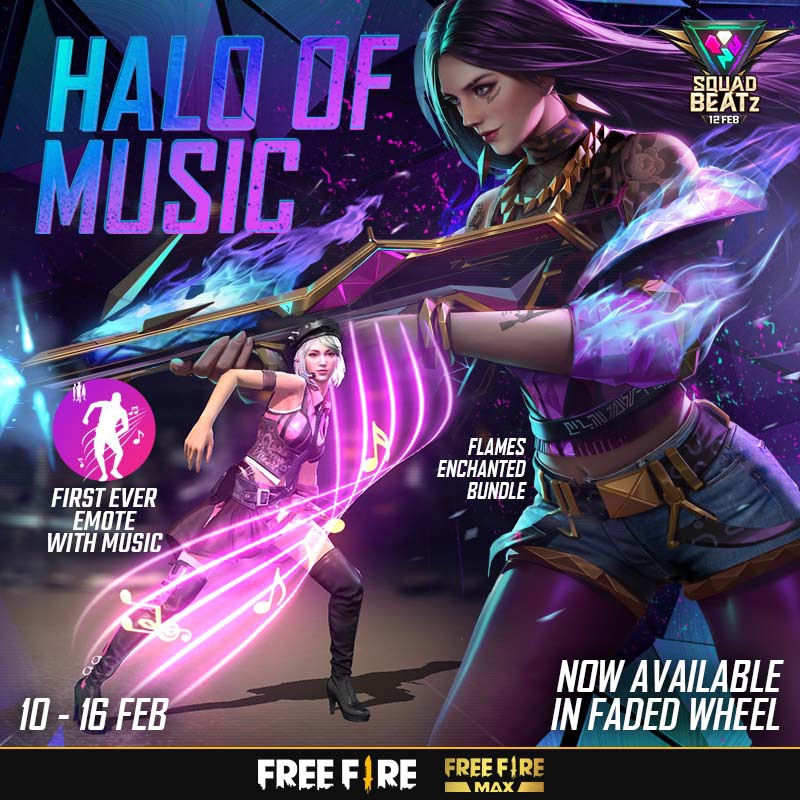 The Faded Wheel is back featuring the first-ever emote with music - Halo of Music and Notora’s exclusive costume - Flames Enchanted bundle 🎁 Available till 16 February ⏳ #FreeFire #FreeFireMax #FreeFireIndia #IndiaKaBattleRoyale #Booyah #SquadBeatz