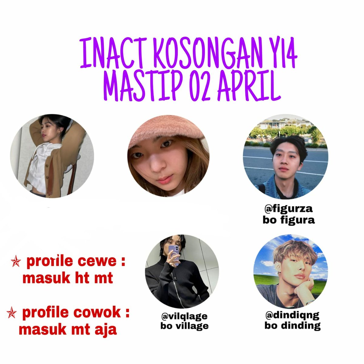 🎀 WTS ACC Y14

💰 8.000 /acc

✓ada space semua
✓vall, mastip 2 april
✓dapet wa ba verif
✓go green (ssb abis ganti usn)
✓masuk ht mt non moots
✓max keep 2 jam