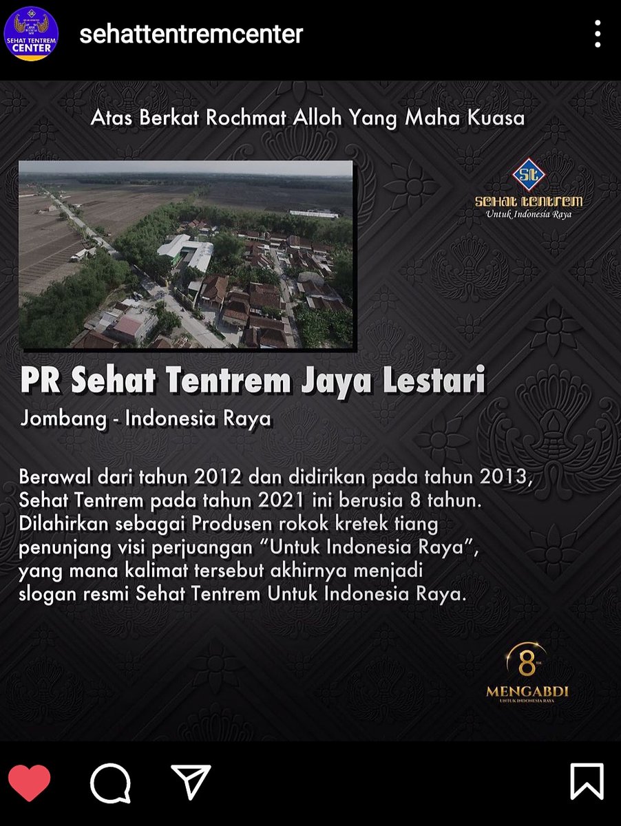 ashdaqwijaya's tweet photo. 1. PR Sehat Tentrem Jaya Lestari. Pabrik rokok ST milik MSAT ini sudah tak diragukan lagi kualitas maupun ketenarannya. Rokok ST tidak hanya menjadi konsumsi murid2 Shiddiqiyyah, tapi juga dikonsumsi oleh orang-orang umum di luar Shiddiqiyyah bahkan public figure/selebriti. https://t.co/pBVc7ZTWrh