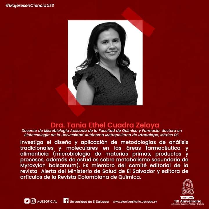 #MujeresenCienciaUES 

En el marco del #DiadeLaMujerenLaCiencia con orgullo destacamos a la Dra. Tania Ethel Cuadra Zelaya docente e investigadora de la Facultad de <a href="/QF_UES/">Facultad de Química y Farmacia - UES</a>.