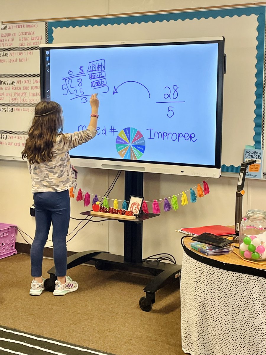 _MsMartinez_'s tweet image. We are loving our new smart panel and the customizable spinner widget to show off our improper fractions and mixed number fractions skills! 🤩#fractionfun #5thbilingual