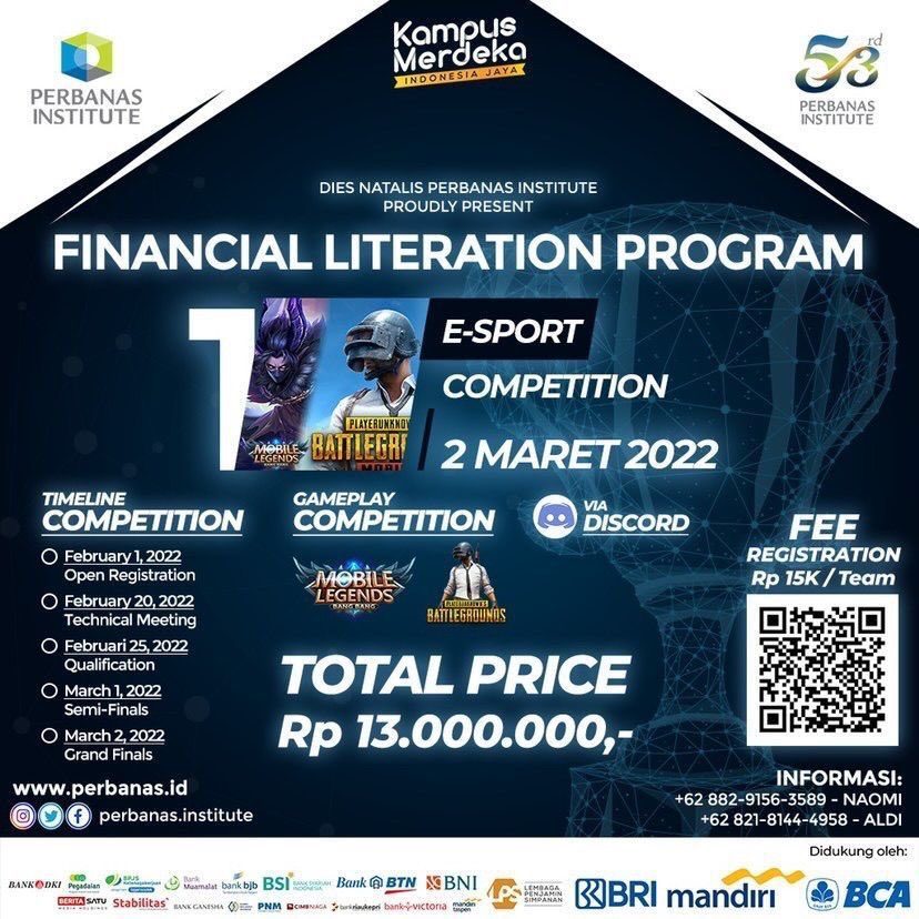 🎮 E-Sport High School Competition 🎮

Regist your team and win a total prize🏆🎖

📆Open Registration: February 1th, 2022

💰Registration Fee: IDR 15.000/team
⬇️Register your team here⬇️
bit.ly/EsportCompetit…

☎️More info:
0882-9156-3589 WA (Naomi)
Instagram: @perbanasesports