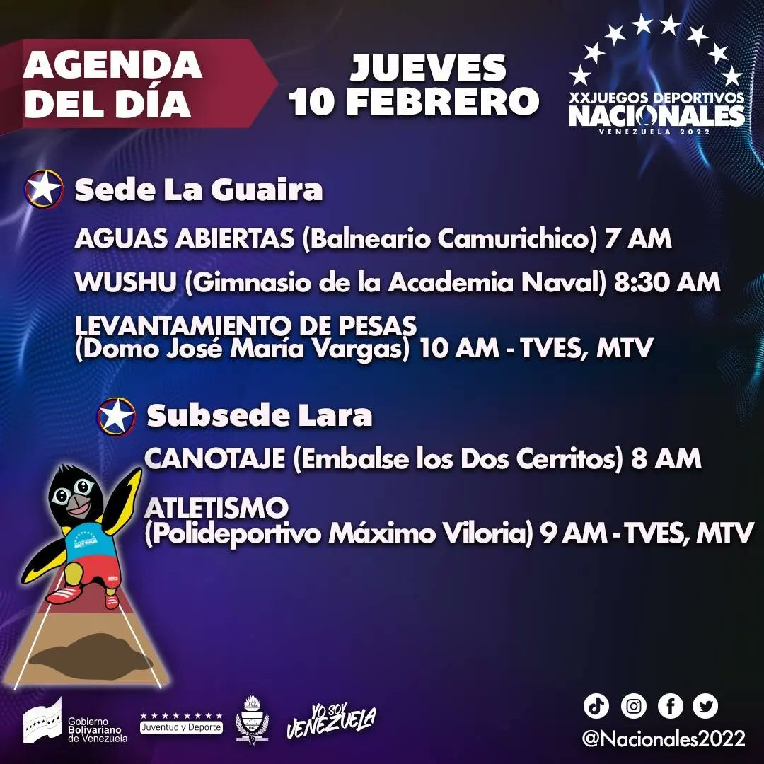 CriterioDep's tweet photo. AGENDA DEL DÍA

A pocos días para el final, pero con muchas medallas por repartir, así será la jornada de este jueves 10 de febrero, los nuestros van por más 🥇🥈🥉

#CriterioDeportivo
#JuegosNacionales2022
#Class98.7FM https://t.co/pQl4GVk8gK