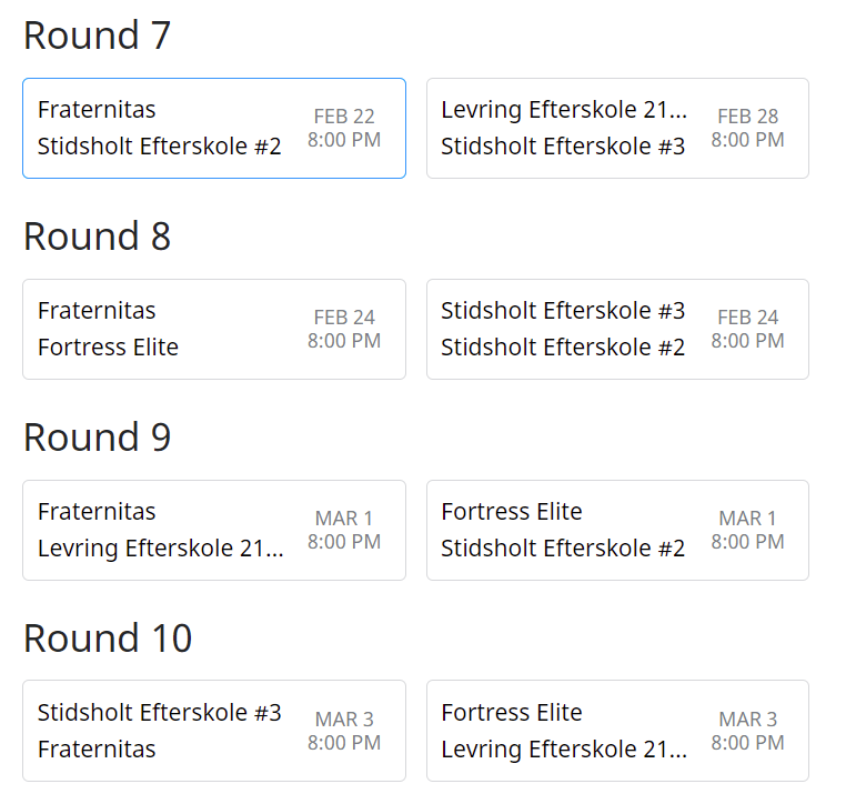 FraternitasE's tweet photo. Gutterne ligger lige nu på en 4 plads med 6 point med 2 points op til 2 pladsen. Det er tæt. Følg gutternes 4 sidste kampe på: https://t.co/lN2bxQb6Cf https://t.co/VbW9MmCKz8