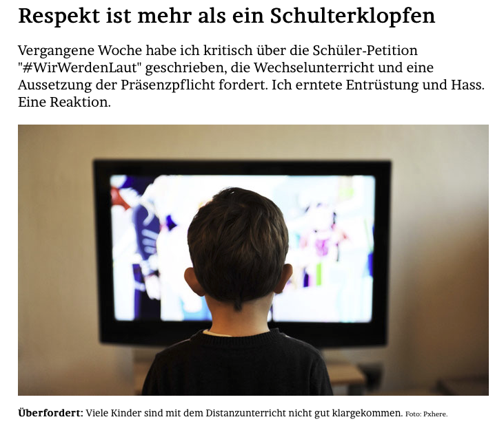 Jan-Martin Wiarda (@jmwiarda) on Twitter photo Respekt ist mehr als ein Schulterklopfen
Ich hatte kritisch über die Petition #WirWerdenLaut geschrieben, die #Wechselunterricht und eine Aussetzung der #Präsenzpflicht fordert. Ich erntete Entrüstung und Hass. Eine Reaktion.
In <a href="/derfreitag/">der Freitag</a> und im Blog:
jmwiarda.de/2022/02/10/res… Respekt ist mehr als ein Schulterklopfen
Ich hatte kritisch über die Petition #WirWerdenLaut geschrieben, die #Wechselunterricht und eine Aussetzung der #Präsenzpflicht fordert. Ich erntete Entrüstung und Hass. Eine Reaktion.
In <a href="/derfreitag/">der Freitag</a> und im Blog:
jmwiarda.de/2022/02/10/res…