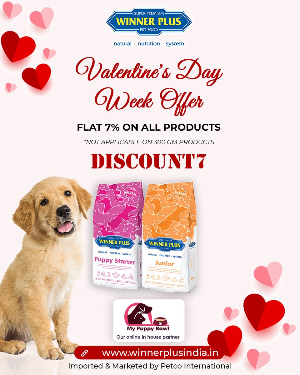 WinnerPlusIndi1's tweet photo. Buy Puppy Starter or Junior on at Winner Plus India!
Special Valentine’s Day offer!! Flat 7% on all products (Not applicable on 300gm products). Apply Coupon code “DISCOUNT7”. Hurry!! Limited time period offer, Shop Now!
.
Buy Now
https://t.co/fkVNK7FWBf https://t.co/SXtFaPdmLX