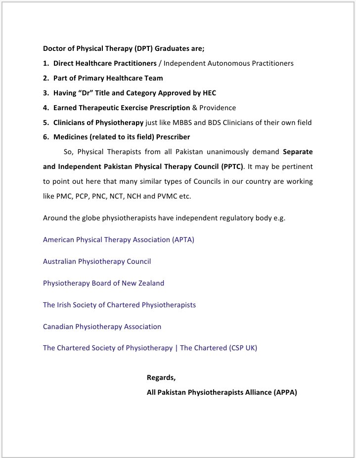 DrAMPT1's tweet photo. #ExcludePhysiotherapistsFromAHPC 
@bahramand_tangi @sikandarmandhro @HumayunMohmand @SanaJamali10 @RubinaKhalid1 @roghani2004 @SardarSenator @JamMehtabDahar @SenDrAbdulKarim @drzarqa @Khalidaateeb90 @FawziaArshadPTI @nhsrcofficial @SenatePakistan @APPAOfficial1 @DrAsjadPT https://t.co/AMg4V0nDJX