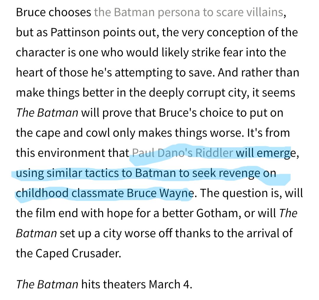 Jason_P_Presson's tweet photo. Hey just read this article on #TheBatman Did anybody else know #TheRiddler was supposed to be getting revenge on his old classmate #BruceWayne in the movie?

How did I miss that plot point?

#nerdhalla @BurkeTheNerd https://t.co/Dmd45JPohe