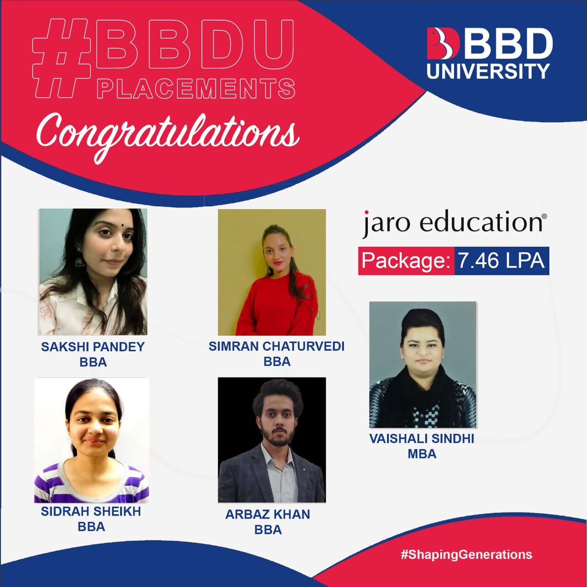 BBD_UNIVERSITY's tweet photo. BBDU Congratulates the students of MBA &amp; BBA who got selected in Jaro Education.
We wish you luck and lots of success for your new chapter of life.
#Achievement #placement #bbdu #ShapingGenerations #BBDUplacement #GemsofBBDU #JARO https://t.co/GihntNKk6S