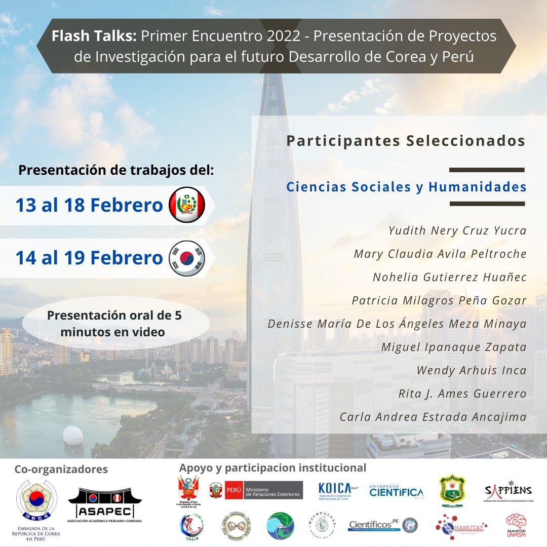 ¡𝗙𝗘𝗟𝗜𝗖𝗜𝗧𝗔𝗖𝗜𝗢𝗡𝗘𝗦 𝗔 𝗟𝗢𝗦 𝗧𝗥𝗔𝗕𝗔𝗝𝗢𝗦 𝗦𝗘𝗟𝗘𝗖𝗖𝗜𝗢𝗡𝗔𝗗𝗢𝗦!🥳𝗣𝗿𝗶𝗺𝗲𝗿 𝗘𝗻𝗰𝘂𝗲𝗻𝘁𝗿𝗼 𝟮𝟬𝟮𝟮:𝗣𝗿𝗲𝘀𝗲𝗻𝘁𝗮𝗰𝗶ó𝗻 𝗱𝗲 𝗣𝗿𝗼𝘆𝗲𝗰𝘁𝗼𝘀 𝗱𝗲 𝗜𝗻𝘃𝗲𝘀𝘁𝗶𝗴𝗮𝗰𝗶ó𝗻 𝗽𝗮𝗿𝗮 𝗲𝗹 𝗳𝘂𝘁𝘂𝗿𝗼 𝗱𝗲𝘀𝗮𝗿𝗿𝗼𝗹𝗹𝗼 𝗱𝗲 𝗖𝗼𝗿𝗲𝗮 𝘆 𝗣𝗲𝗿ú