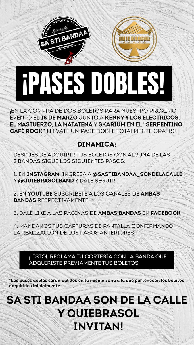 LAMATATENA's tweet photo. Buenas #noches bandita, tenemos pases #dobles en la compra de #boletos para ver este 18 #marzo en foro #Serpentino en #Coacalco @kennyelectricos @Mastuerzo2011 @LAMATATENA solo sigue la #dinamica #rockmexicano #skamexicano @mv_malavida https://t.co/mv3kKGy0N0