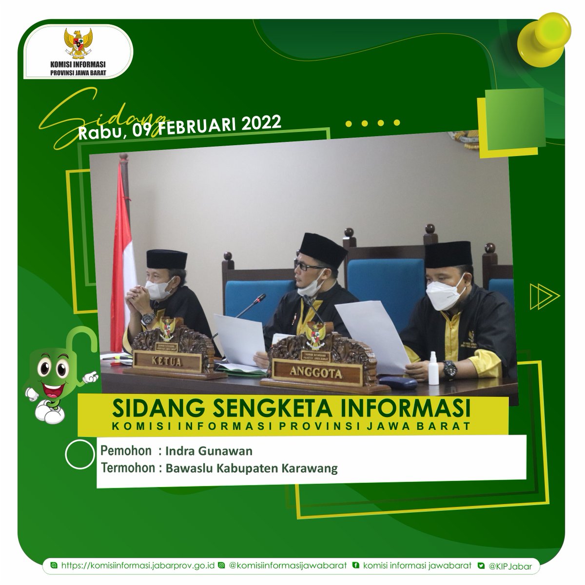 KIPJabar's tweet photo. Sidang Sengketa Informasi
Komisi Informasi Provinsi Jawa Barat
Antara Indra Gunawan Sebagai Pemohon dan Bawaslu Kabupaten Karawang  Sebagai Termohon pada agenda Sidang Pemeriksaan Awal (PA1)
Dihadiri oleh kedua belah pihak.
Pada hari Kamis, 10 Februari 2022 https://t.co/tvqVH3Cz1J