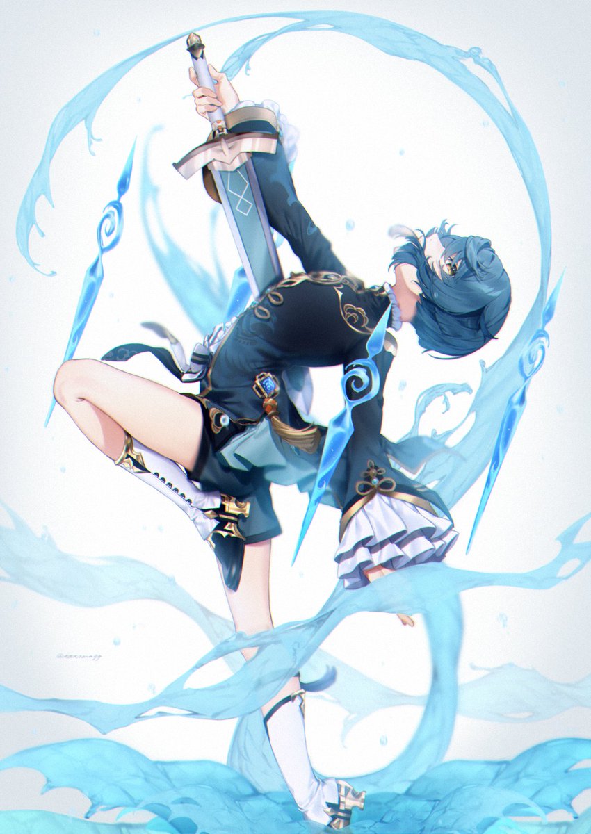 xingqiu (genshin impact) 1boy male focus weapon blue hair holding weapon solo sword  illustration images