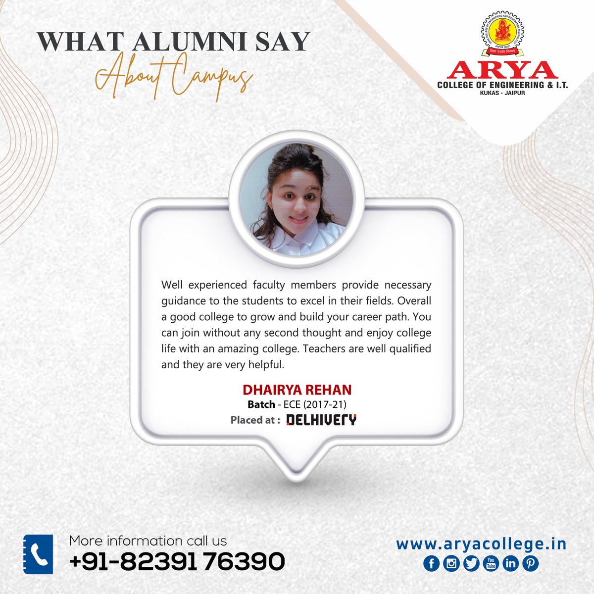 aryacolleges's tweet photo. We are happy to share noteworthy words by one of our proud alumni, Dhairya Rehan (Btech ECE, Batch 2017-21). who was placed at Delhivery.
#alumni #alumnireview #arya1stoldcampus #aryacollege #collegereview #aceit #alumnispeaks https://t.co/Vkbwtxebok