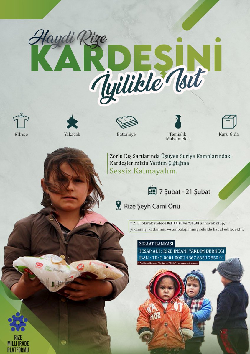 Milli İrade Platformu Rize Temsilciliği'nden Suriye’ye Yardım Çağrısı
olay53.com/haber/milli-ir…