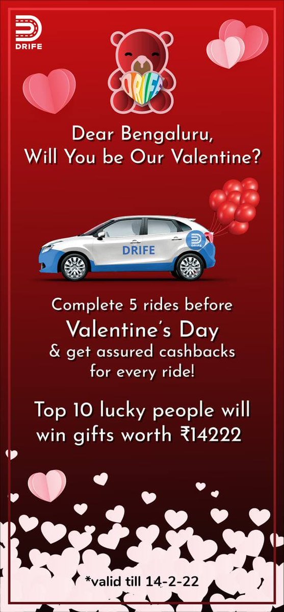Drife_official's tweet photo. All You Need is Love!❤️💙
Hello Bengaluru! Thinking of giving gifts to your loved one, this Valentine’s Week?!😎
Finish 5 rides before 14-2-22 & win gifts worth ₹14222 and assured cashback!🎁
#ValentinesDay #RideWithBlue #TeddyDay https://t.co/WMsJ9Pm5Uy