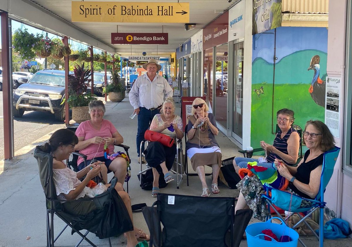 It was such a pleasure to meet up with the Babinda Yarn Bombers who catch up on the Main Street every Thursday morning for a yarn and to knit and crochet and decorate the town.