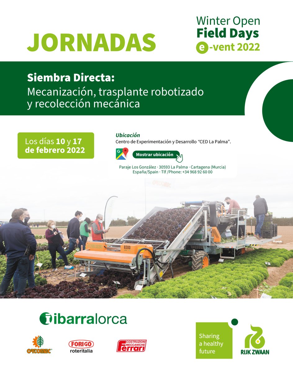 innovamosjuntos's tweet photo. #WinterOpenFieldDays E-vent 2022 @rijkzwaanES 📣
🗓️ Los días 10 y 17 de febrero se darán las Jornadas "Siembra directa: Mecanización, trasplante robotizado y recolección mecánica".
Ubicación📍#CEDLaPalma
#ForigoRoteritalia @Ortomec1 #FerrariCostruzioniMeccaniche #IbarraLorca https://t.co/WA5M3Erdk4