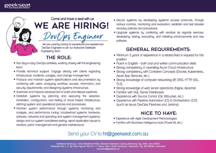 rikmaz's tweet photo. https://t.co/sNc7V6gYdZ
Hi,
Urgently needed: DevOps Engineer, Java Developer and Automation Tester.
Please send your CV to: hr@geekseat.com.au

#loker #DevOps
#developer #Java #tester https://t.co/rApCLd7Hlk