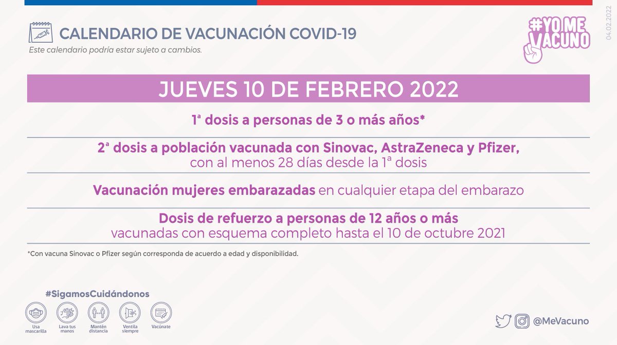 🔵 Este jueves 10 de febrero continúa el plan de vacunación en La Araucanía 🌿

📲Revisa el detalle de todos los calendarios e infórmate más sobre el #PlanDeVacunación en gob.cl/yomevacuno

#YoMeVacuno ✌