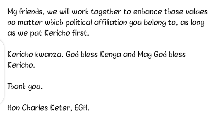 SamaiKeynes's tweet photo. @ketercharles Keter's gratitude message to People of Kericho and his boss @WilliamsRuto 
#Ck4035
#FormNiKutransform https://t.co/SECEG4On4H https://t.co/MVJYcle98A