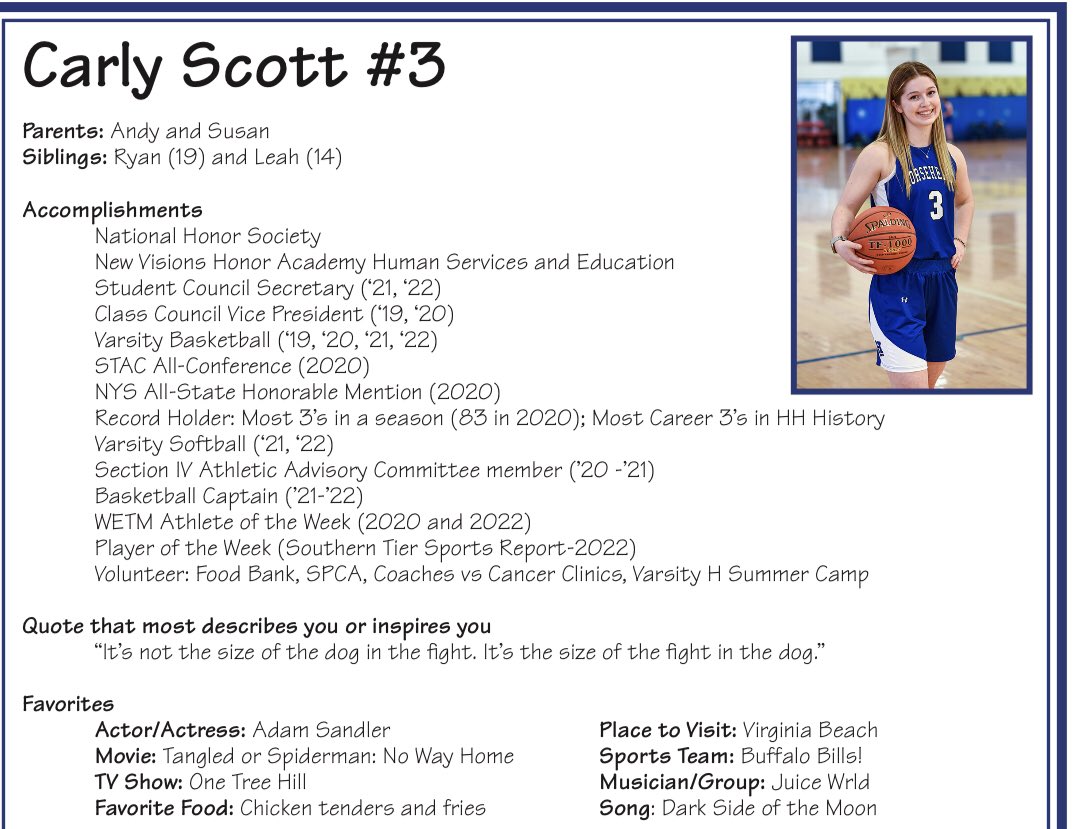 Day 6: Carly Scott-4 year varsity player who is a leader on + off the court. One of the best shooters to come out of HHS! She has a passion for the game + a never ending work ethic to go with it. High basketball IQ, but more importantly, she is an outstanding person and student!!
