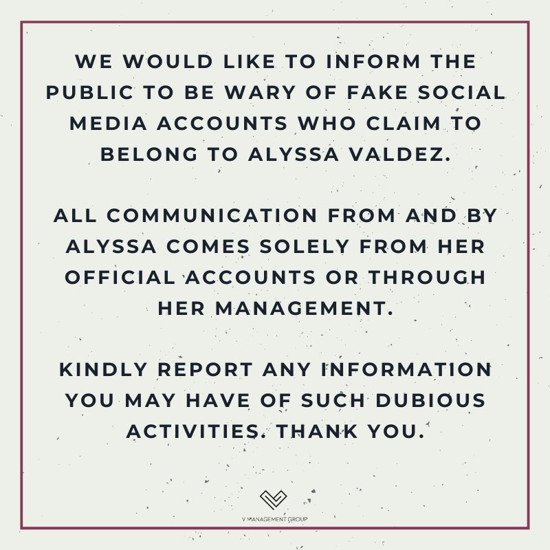 vmgasia's tweet image. We would like to inform the public to be wary of fake social media accounts who claim to belong to Alyssa Valdez.

All communication from and by @AlyssaValdez2 comes solely from her official accounts or through her management.
