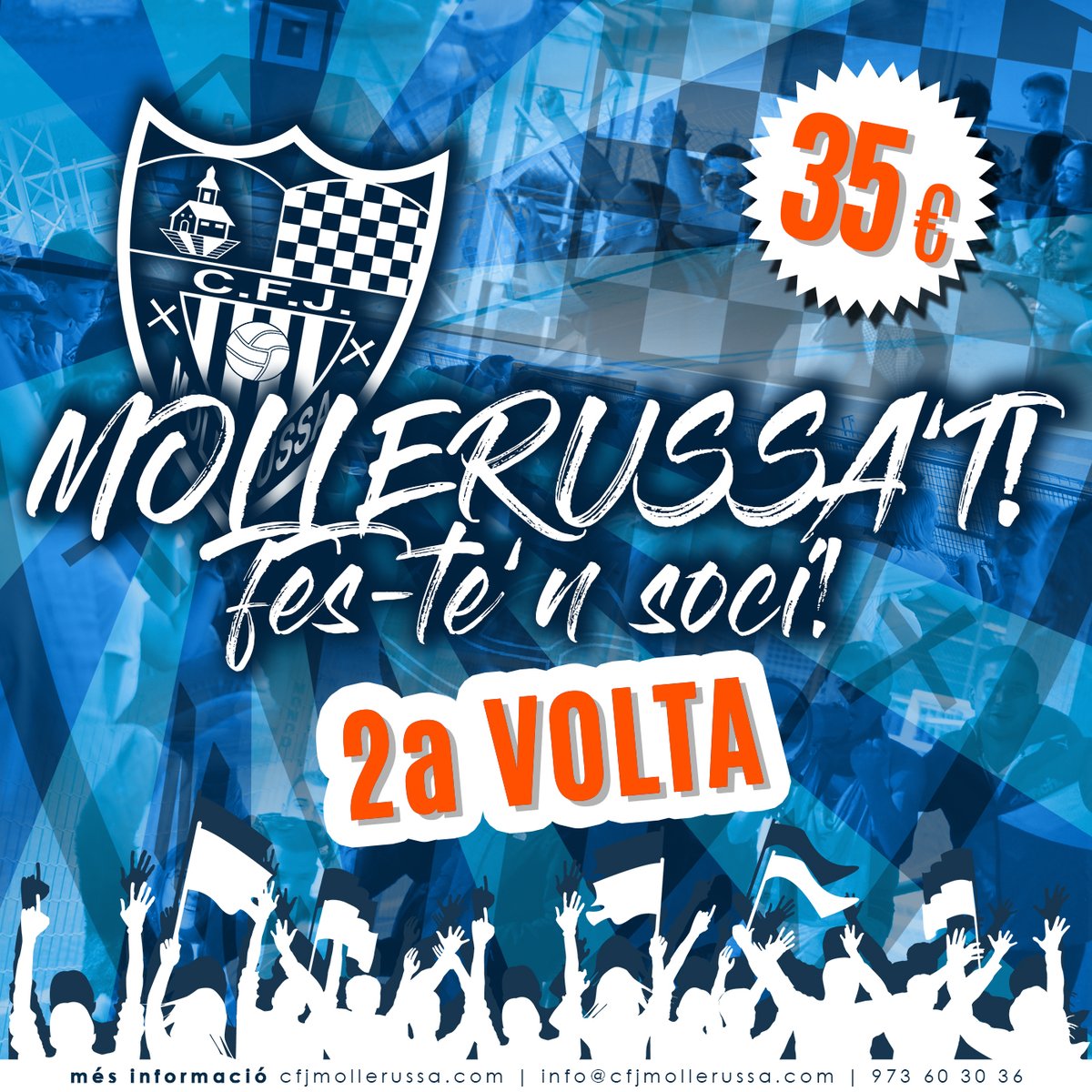 📣 MOLLERUSSA'T❗
Fes-te soci del CFJ Mollerussa ⚪🔵 
Junts ho farem possible💪 Dona'ns el teu suport a la 2a volta 🙌
Reviu l'il·lusió blanc-i-blava i guadeix del bon futbol ⚽
🎁 i emporta't de regal la bufanda 🧣 de l'eliminatòria de Copa del Rei contra el Getafe CF