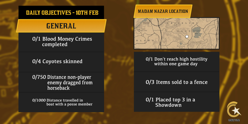 TheGameTitan's tweet photo. #RedDeadOnline #DailyObjectives - 10th Feb 2022. https://t.co/fFXNp7THL6