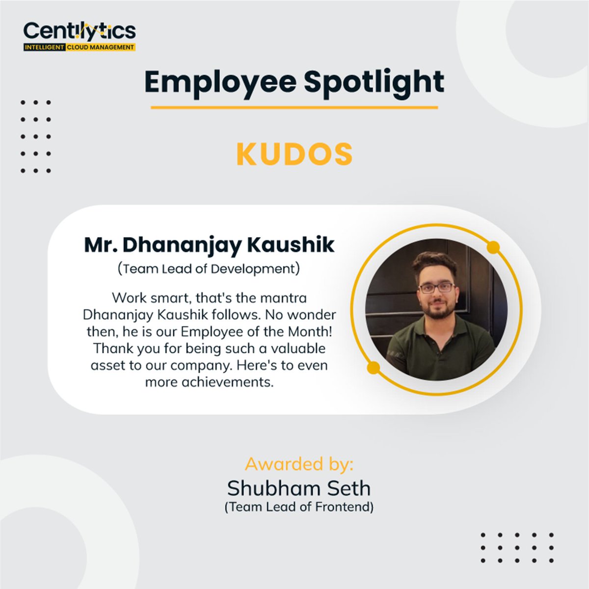 centilytics's tweet photo. We love the creative energy you bring to the work and how easily you deCode💻 daily challenges. Kudos🎉on your achievement Dhananjay✨✨!
#EmployeeSpotlight #Culture #CloudManagement #Centilytics #SmartWork https://t.co/NlZk5R0p6f