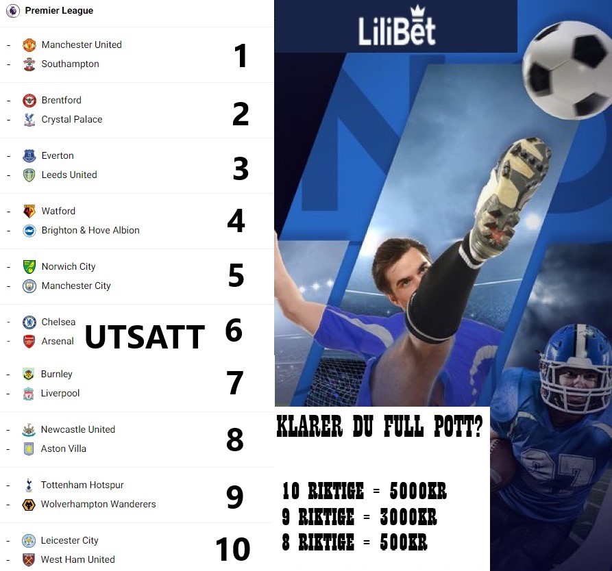 Er du helgens tippeekspert?⚽️

Vi prøver ut et nytt konsept, som vi vurderer kjøre fast hver eneste helg det er Premier League.

Delta her⤵️
1. Retweet + følg oss.
Så kommenter HUB i de 10 kampene som spilles i Premier League i helgen! Se bilde for premier!

⏰FRIST: 13.30 LØRDAG