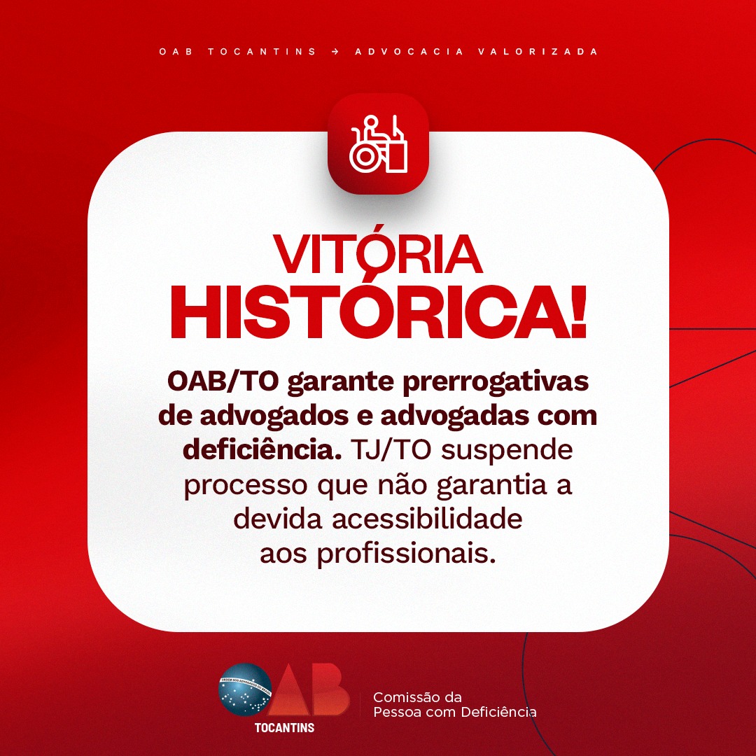 PRERROGATIVAS E ACESSIBILIDADE ♿⚖

Vitória da advocacia e da inclusão. OAB/TO atua em caso onde TJ/TO concedeu a suspensão de processo sem a devida acessibilidade onde atuam advogados com deficiência visual. shortest.link/30BK

#OABTocantins